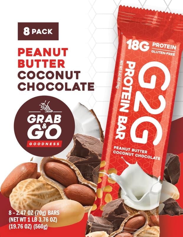 G2G Protein Bar, Peanut Butter Coconut, Gluten-Free, Clean Ingredients, Refrigerated for Freshness, 32 Bars (4 Pack of 8)