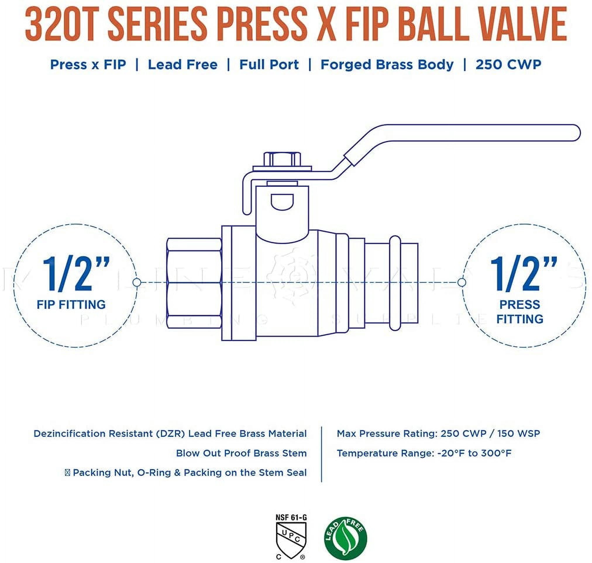 Midline Valve 542012VLVF Premium Adapter Ball Valve, with 1/2 in. Press x FIP Connections, Brass