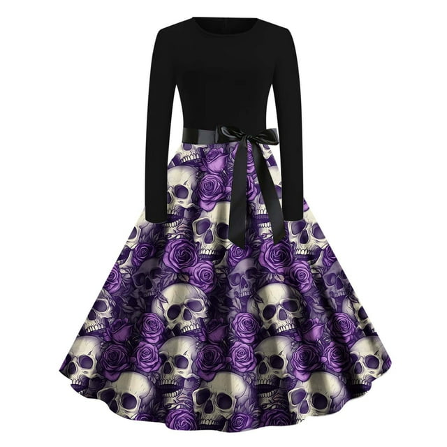 Robe Swing Grande Taille pour Femmes Robe Gothique Renaissance Steampunk Manches Longues Robe Cocktail Vintage Imprimé Squelette Citrouille Cosplay Costume de Fête
