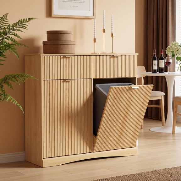 Double Tilt Out Trash Cabinet, 20 Gal Fluted Hidden Recycling Bin Storage, Freestanding Wooden Laundry Hamper for Kitchen Bathroom, Natural Oak
