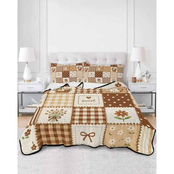 Quilts Twin XL Size, Flowers Patchwork Soft Comforter Bedding Set for Bed, Brown Farmhouse Country Plaid Lightweight Quilted Bedspread with Pillow Cover(2 Pieces) for All Season, 68x98 Inch