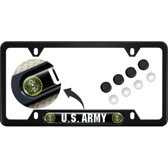 [Officially Licensed Product] - USA Patriotic Anodized Aluminum Thin Top | Narrow Top Car License Plate Frame U.S. Army with Free caps - Black