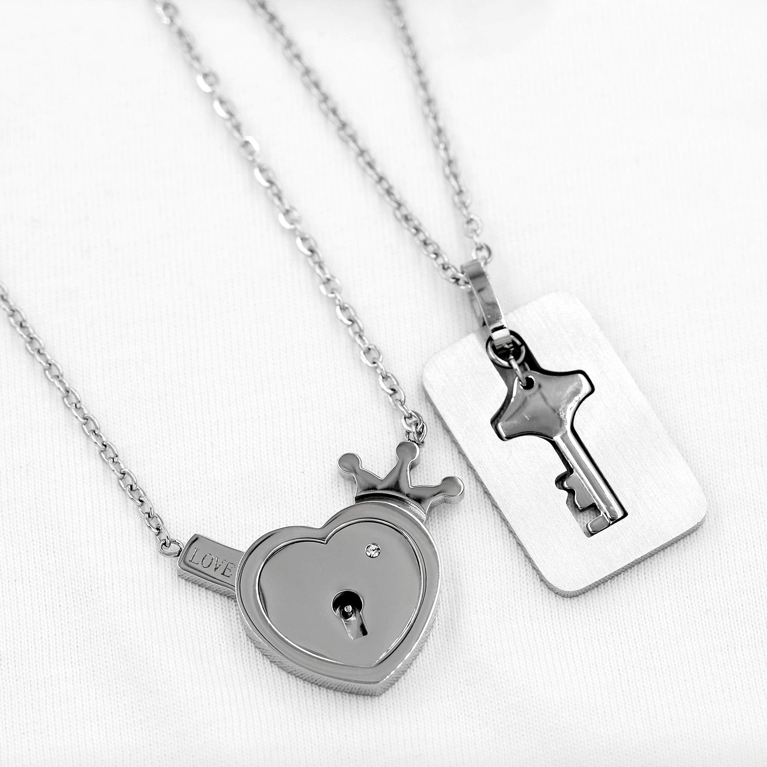 Uloveido 100 Languages I Love You Projection Necklace Love Heart Crown Lock and Shield Key Pendant for Couples Boyfriend Girlfriend Y1129 (Steel)