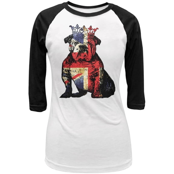 British Bulldog Crown Grunge Flag Juniors 3/4 Sleeve Raglan T Shirt White-Black SM