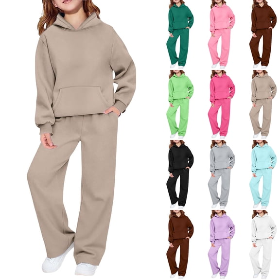 Girls Sweatsuit Fashion 2 Piece Hoodie and Sweatpants Set 5-14 Years Hooded Sweatshirts and Wide Leg Joggers Warm Tracksuit with Pockets