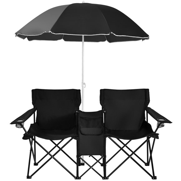 Topbuy Portable Folding Picnic Double Chair with Umbrella&Mini Table Outdoor Camping Chair for Beach Black