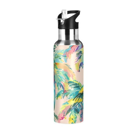 

Water Bottles 20oz Straw Lid Wide Mouth Stainless Steel for School Sport Travel Hand Painted Palm Tree