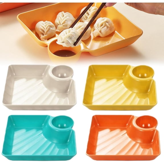 2-in-1 Sauce Separated Serving Dish – Practical Divided Plate with Dipping Saucer Design, Great for Dumplings, Chips, Salsa, Sushi, Fried Food and Casual Gathering Treats 4PC-B