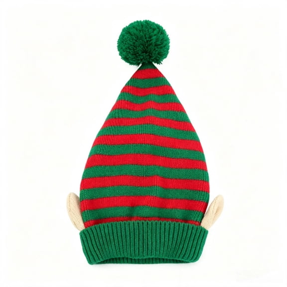 Christmas Knitted Hat with Puff Ball Unisex Striped Winter Hat for Men, Women Stretchy Santa Hat for Holiday Parties, Costume, Daily Wear Dark Green