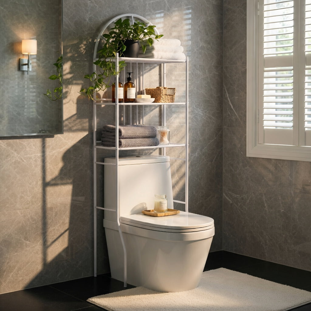 Hommoo Over-the-Toilet Bathroom Storage Rack, 3-Tier Heavy-Duty Iron Shelving Unit, Space-Saving Organizer for Toilets, Bathrooms & Small Spaces, White