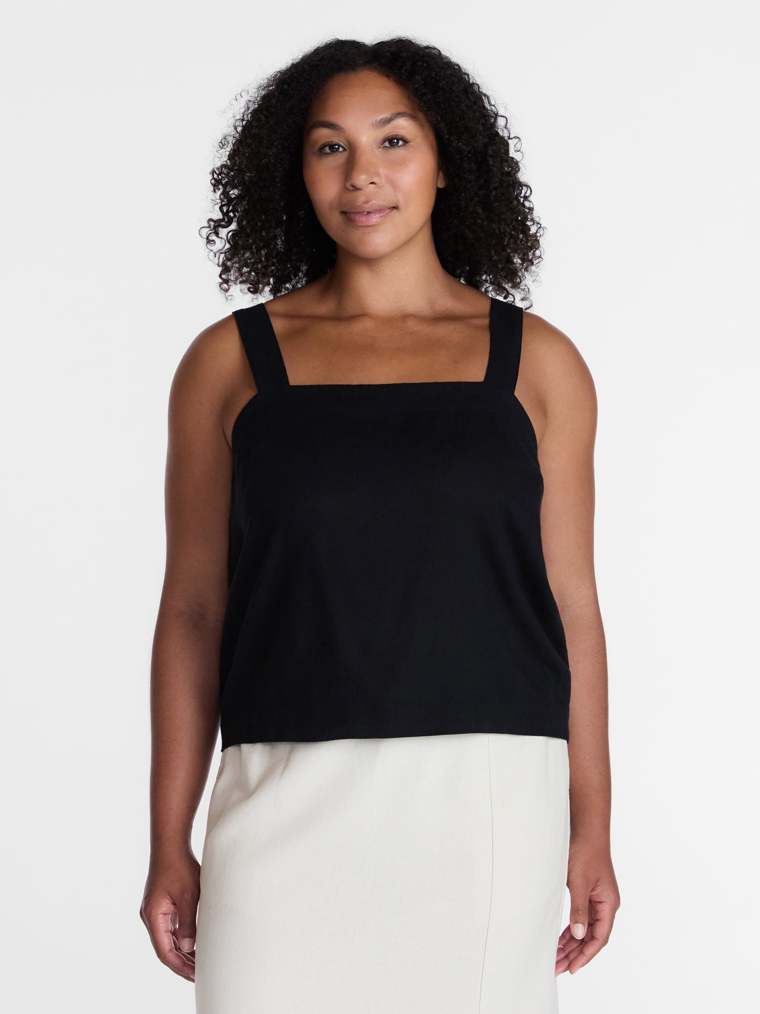 Time and Tru Women's Linen Blend Square Neck Tank Top, Sizes XS-XXXL