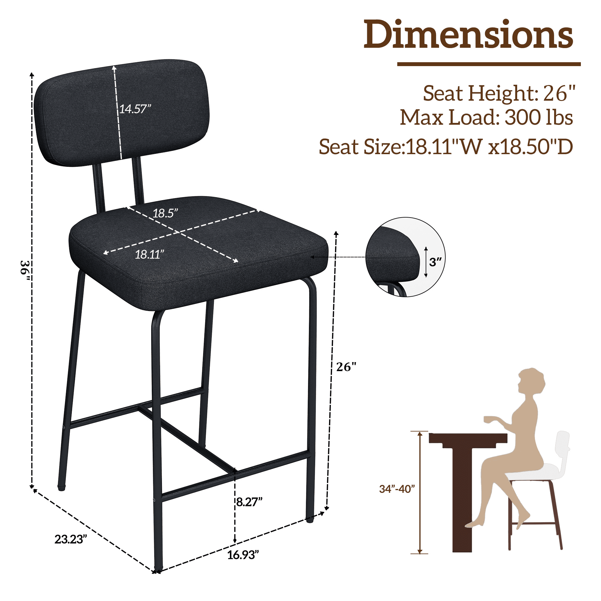 HomeZeer Counter Height Bar Stool Chairs Set of 4, 26" Kitchen Island Barstools with Back and Footrest, Square Line Fabric Upholstered Bar Chair ,Black