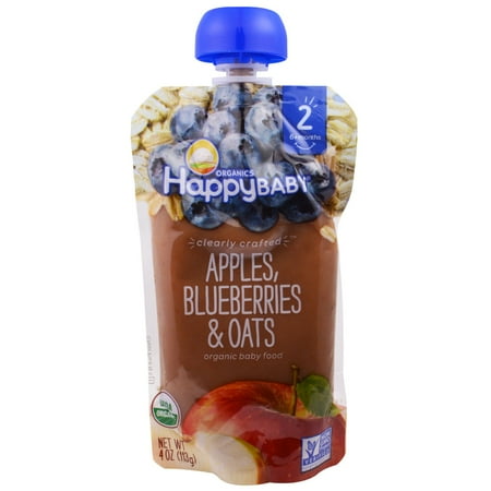 Nurture Inc. (Happy Baby), Organic Baby Food, Stage 2, Clearly Crafted, 6+ Months, Apples, Blueberries, & Oats, 4.0 oz(pack of 6)