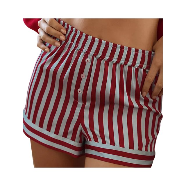 Gupgi Short à Rayures Rouges pour Femme Short Pyjama Taille Élastique Bouton Décor Jambe Droite Pantalon Court Été Short de Sommeil