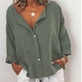 thumbnail image 2 of Button Down Shirts for Women Solid Cotton And Linen Single Breasted Long Sleeved Lapel Shirt Blouse Tops Army Green 4XL, 2 of 8