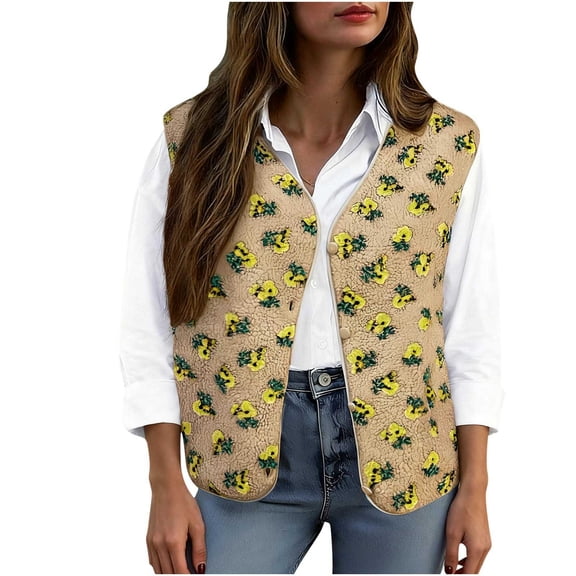 Enjoytime Fall Jackets for Women 2025 Floral Sleeveless Button Down Cropped Vests Winter Fashion Lightweight Casual Outerwear Khaki XL