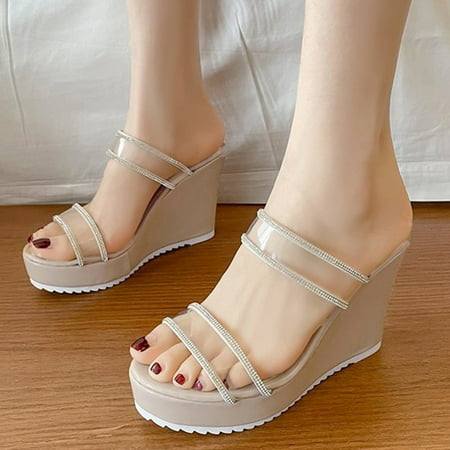 

Alueeu Shoelace Womens Fashion Casual Crystal Wedge High Heel Slip On Platform Sandals Shoes