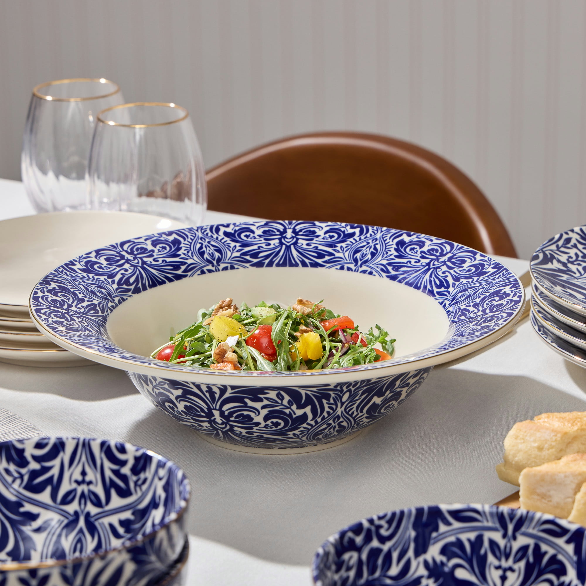 Thyme & Table Nova Ceramic 3-Piece Serve Bowl Navy and White with Wood Serve Utensils