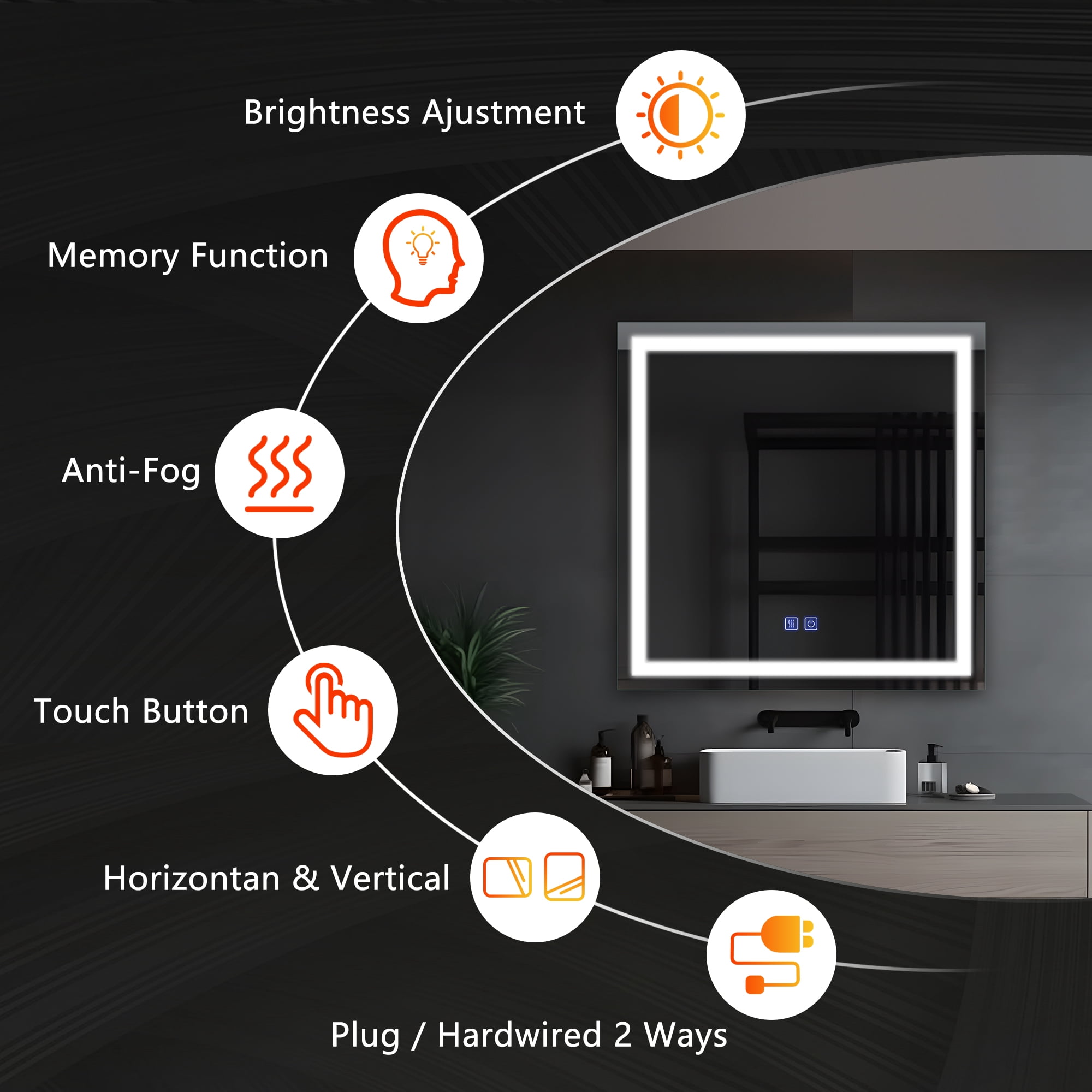 31"x31" LED Ring Wall Mounted Bathroom Mirror Modern Rectrangle Vanity Mirror with Anti-Fog,Silver