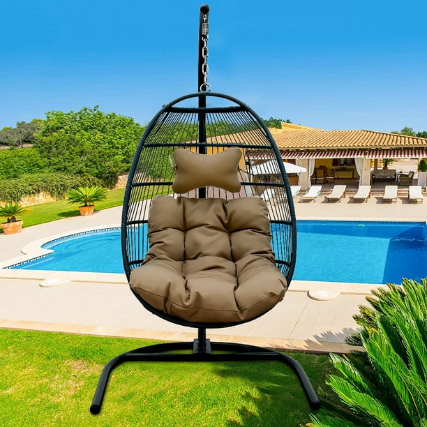 Hanging Wicker Egg Chair with Stand and Gray Cushion, Heavy Duty Iron