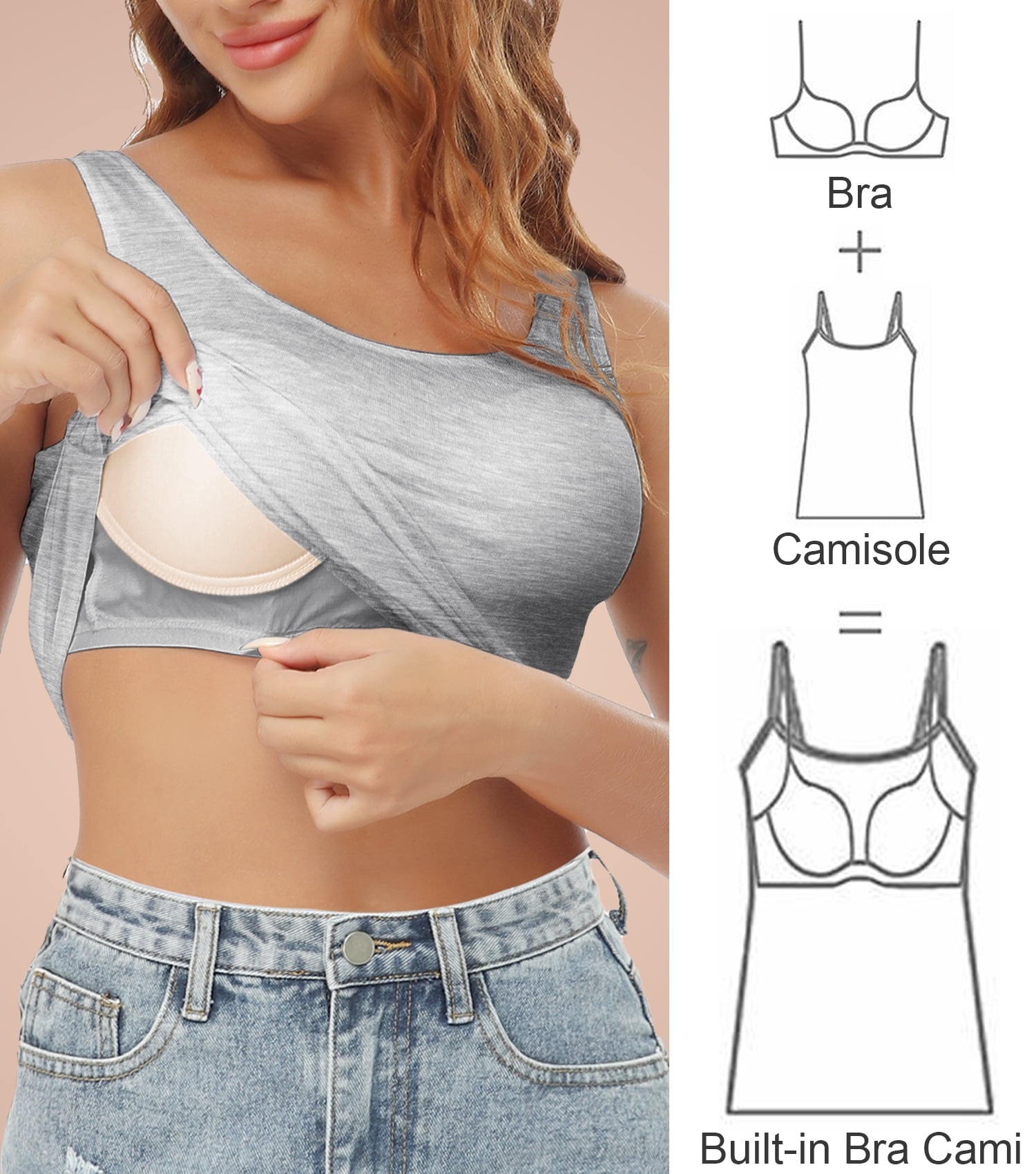 SHAPEVIVA 3 Pack Tank Top with Built in Bra Cami for Women Basic Undershirt  Camisole with Shelf Bra 