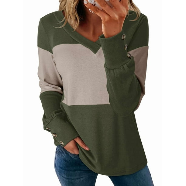 Blusas Elegantes e Informales para Mujer, con Bloques de Color, de Larga y Cuello en V, para Otoño. Verde XXL
