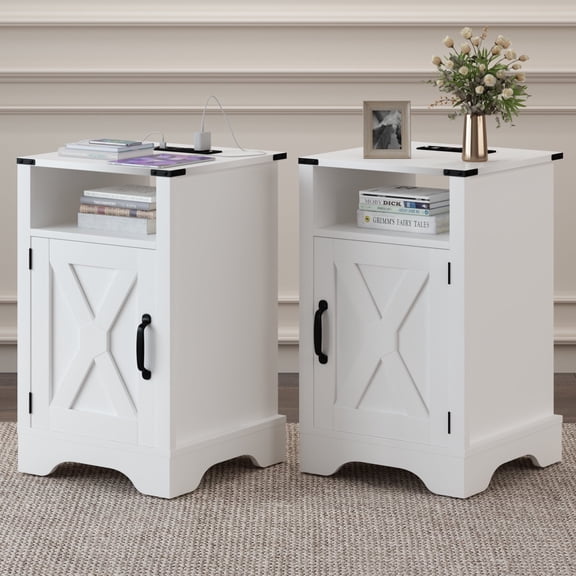 Mayincolor Farmhouse Wooden Nightstand Set of 2 with Charging Station and Storage Cabinets, White