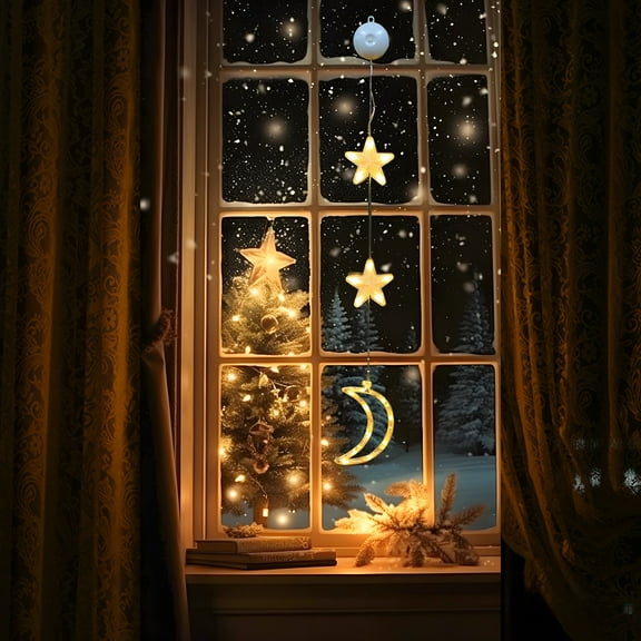 Ramadan Window Lights Battery Star String with Suction Cup Hanging Eid Decoration Warm White for Family Festive Ambiance