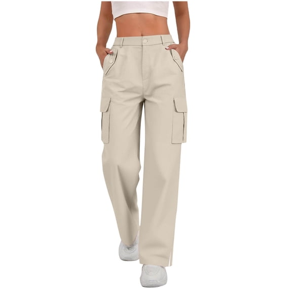 Lenpel Cargo Pants for Women Baggy Elastic High Waisted Side Split Straight Leg Travel Pants Streetwear Casual Trousers(Beige,X-Large)
