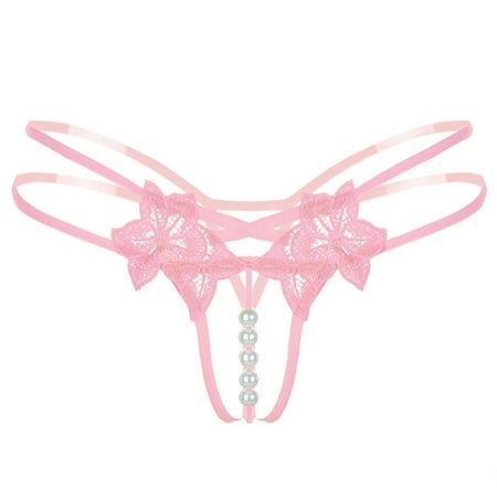 Primegos G-String Strap Thong Flower Pattern Lace Imitation Pearl Extra-thin Bikini Panties