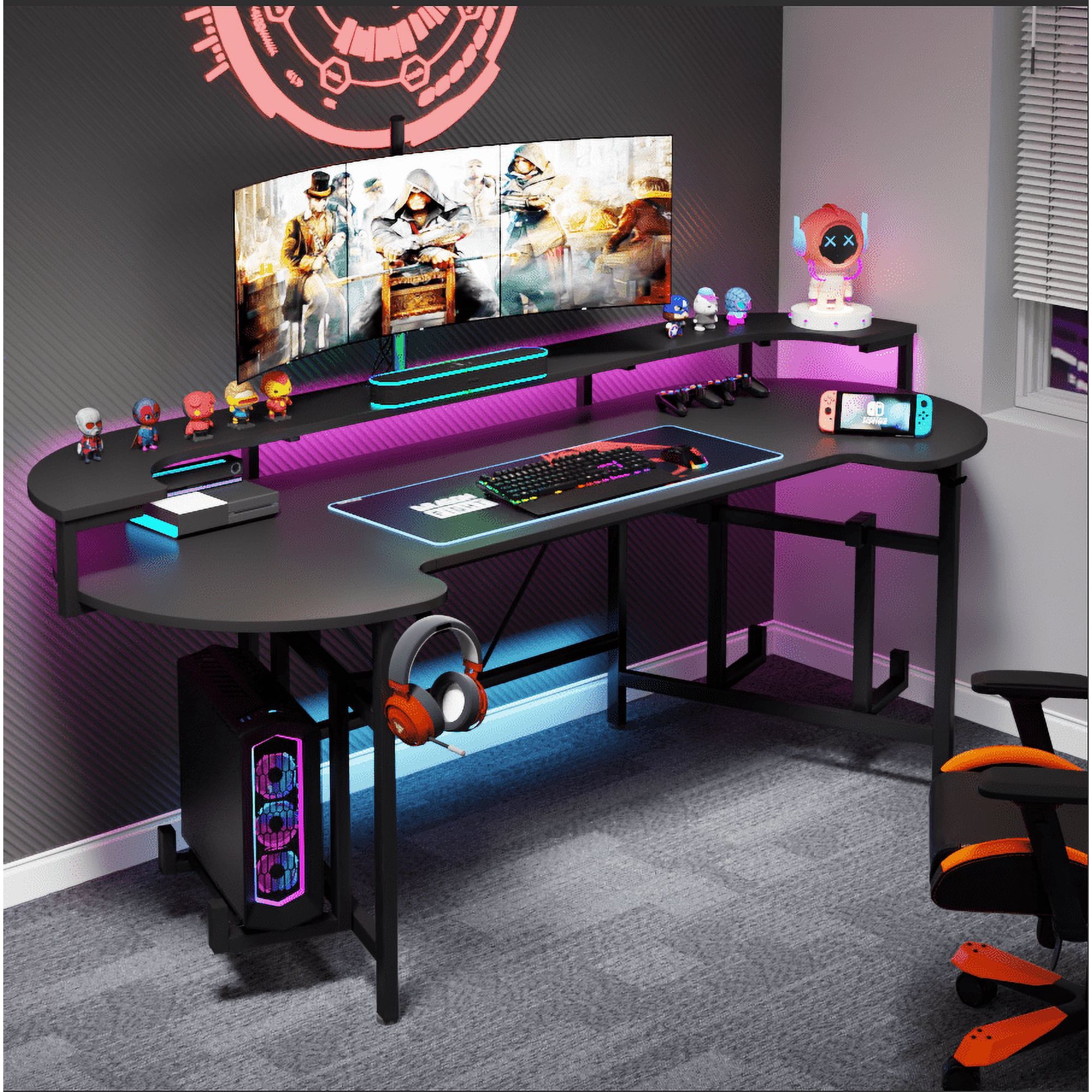 Tribesigns Gaming Desk with Monitor Shelf, 75 inch PC Computer Desk with LED Strip, Carbon Fiber Surface Gaming Table Gamer Workstation for Bedroom, Home Office, Black