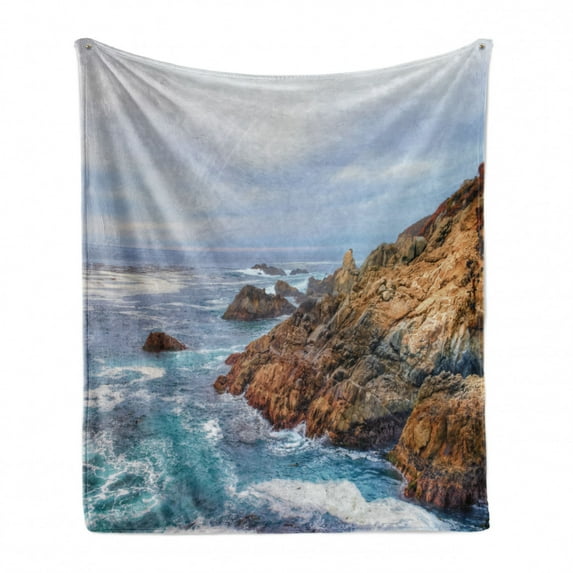 Big Sur Soft Flannel Fleece Throw Blanket, Garrapata State Beach Ocean Rocky Coast Waves at Afternoon in Cloudy Day Photo, Cozy Plush for Indoor and Outdoor Use, 70" x 90", Multicolor, by Ambesonne