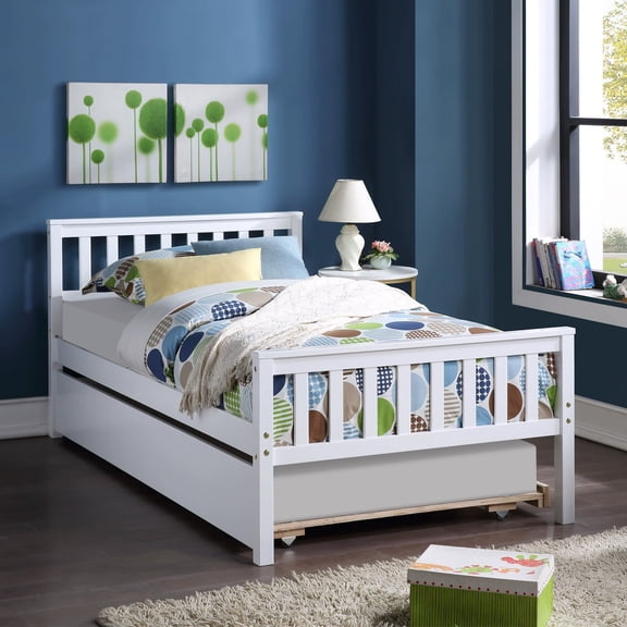 Kids Twin Bed Frame with Headboard and Trundle, Wooden Platform Bed with Footboard for Teens Boys Girls Bedroom Living Room, No Box Spring Needed, White 79.5"L*42"W*33.5"H