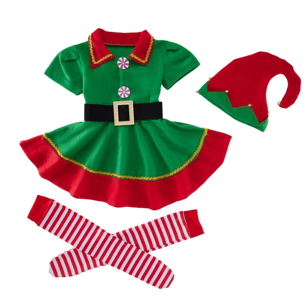 Family Matching Baby Chidren Adult Female Christmas Elf Costume - 4 Piece Set Includes Dress + Hat + Belt + Socks Xmas Cosplay Suit - image 2 of 6