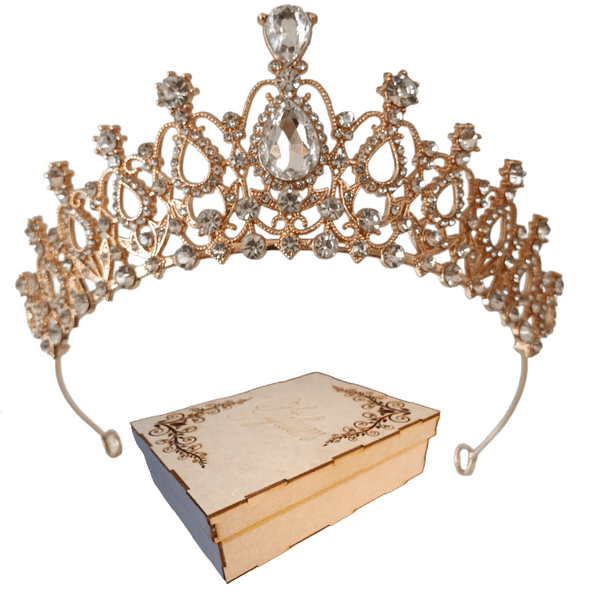 TIARA CORONA TOCADO PEINETA NOVIA XV BODA COMUNIÓN PRINCESA NIÑA ORO ROSA CRISTAL IMPORTACIÓN METAL M0009 GENÉRICA CUSTOM GOTOR