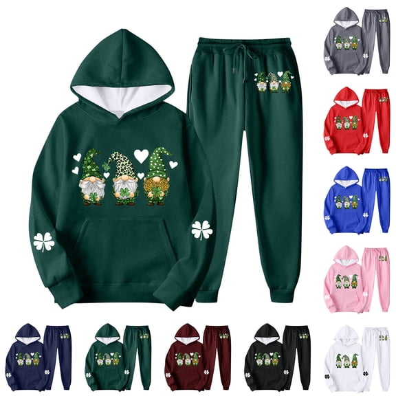 FRSASU St Patricks Day Women 2 Piece Round-Neck Long Sleeve Hooded Sweatshirt Ankle Sweatpants Casual Comfort Athletic Set with Pockets White