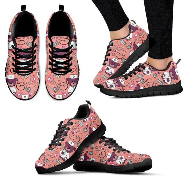 Zapatos médicos de enfermera con dibujos de oso y degradado azul, cómodos zapatos planos negros de verano con dibujos animados para médicos