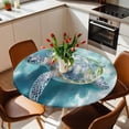 thumbnail image 2 of Ocean Turtle Wave Elastic Fitted Round Table Cover Coastal Marine Life Waterproof Outdoor Tablecloth for Holiday Party, Picnic, Patio & Dining Fits Tables Up to 36"-44", 2 of 8