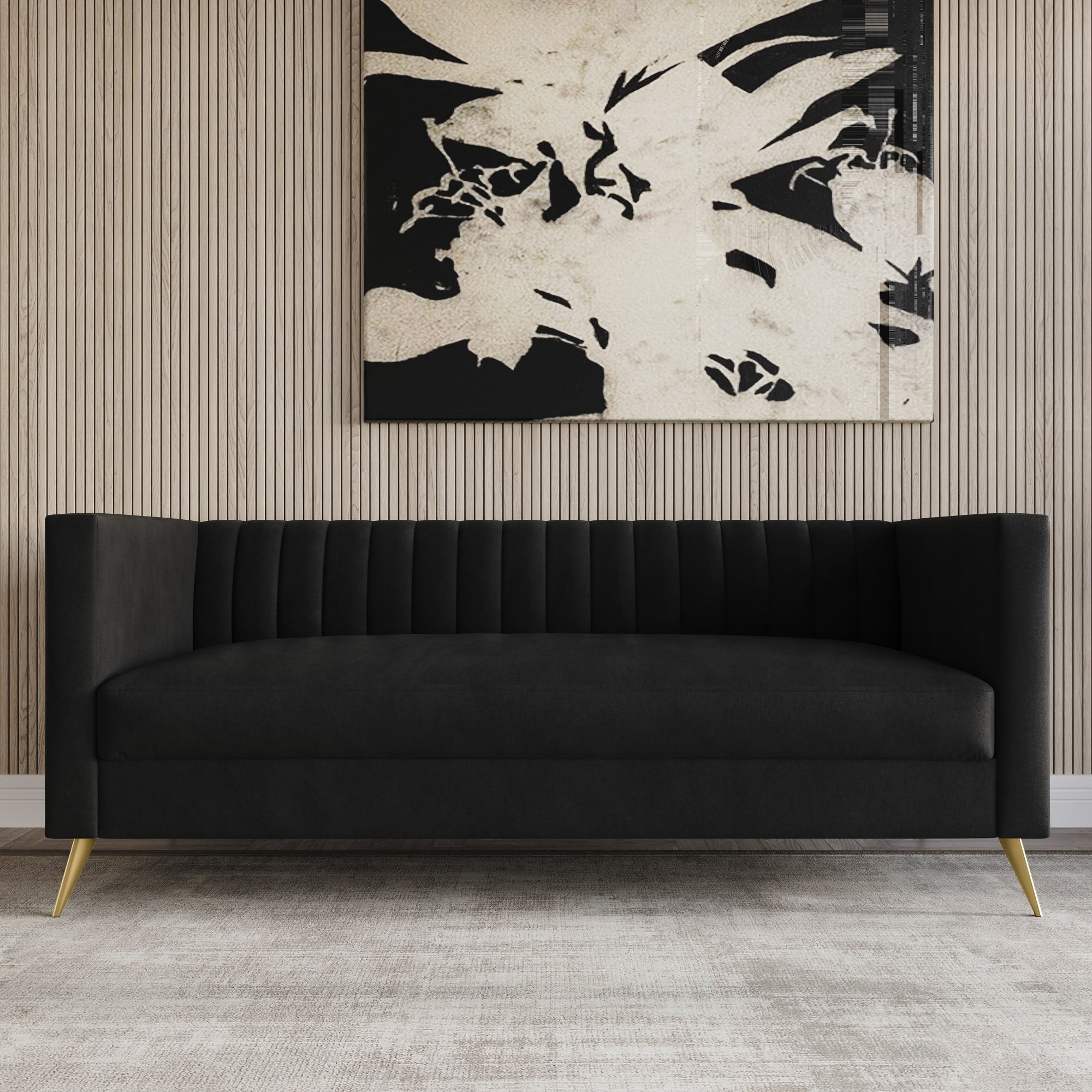 Home Design Weiss 3-Piece Velvet Square Arm Living Room Set with Sofa, Loveseat, and Armchair, Channel-Tufted Back, Gold Legs, Black