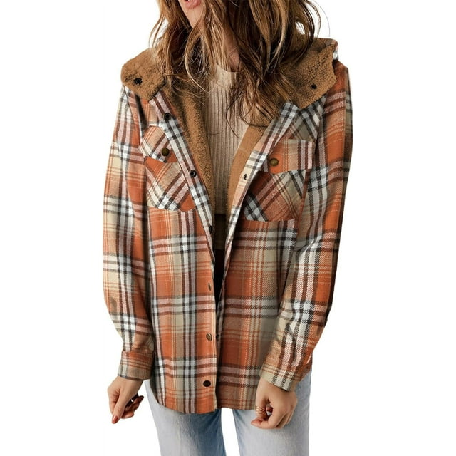 Womens Plaid Shacket Jacket Long Sleeve Button Down Fleece Hooded Jackets Warm Coat