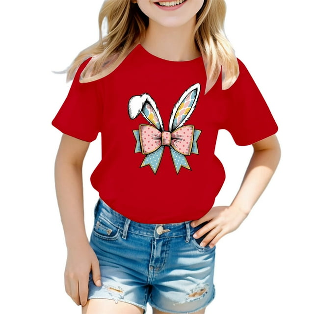 PMVFHDE Hauts pour Filles T-Shirts pour Filles T-Shirts Graphiques T-Shirts pour Filles T-Shirts pour Filles Grande Taille T-Shirts pour Filles Enfants Été Chaud t-Shirt Imprimé Filles Pâques Imprimé Manches Courtes t-Shirt Rouge, 5-6 Ans
