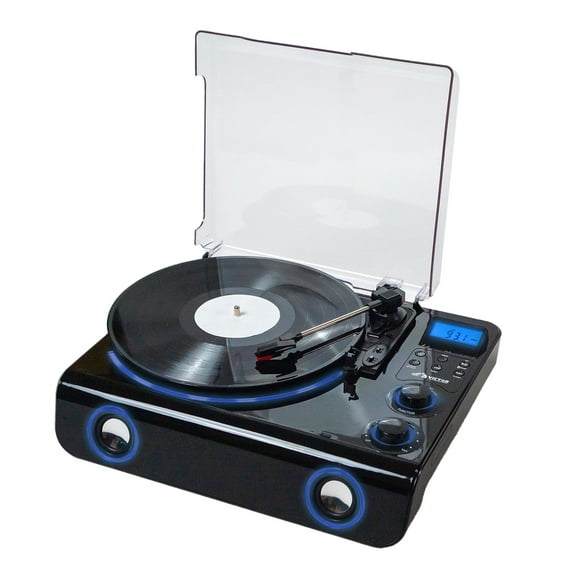 VICTOR Beacon 5-in-1 Turntable System with 3-Speed Record Player, FM Radio, Dual Bluetooth In & Out, Built-in Stereo Speakers, and Blue LED Accent Lighting, Black (VHRP-1200-BK)