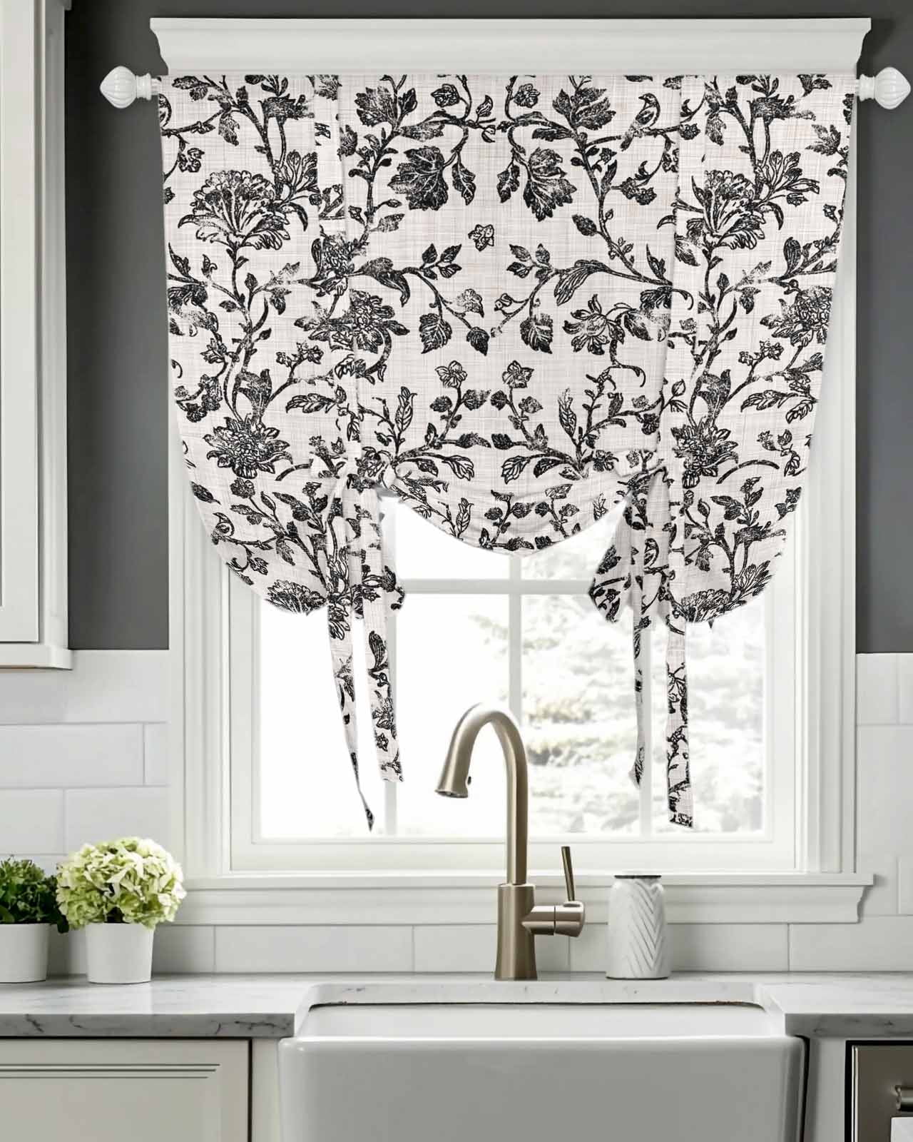 Farmhouse Black Tie Up Curtains for Window, Thermal Insulted Balloon Shade Adjustable Rod Pocket Curtains Valance Panels for Kitchen Bathroom Cafe 42 x 45 Vintage Flower Leaf Botanical Plant