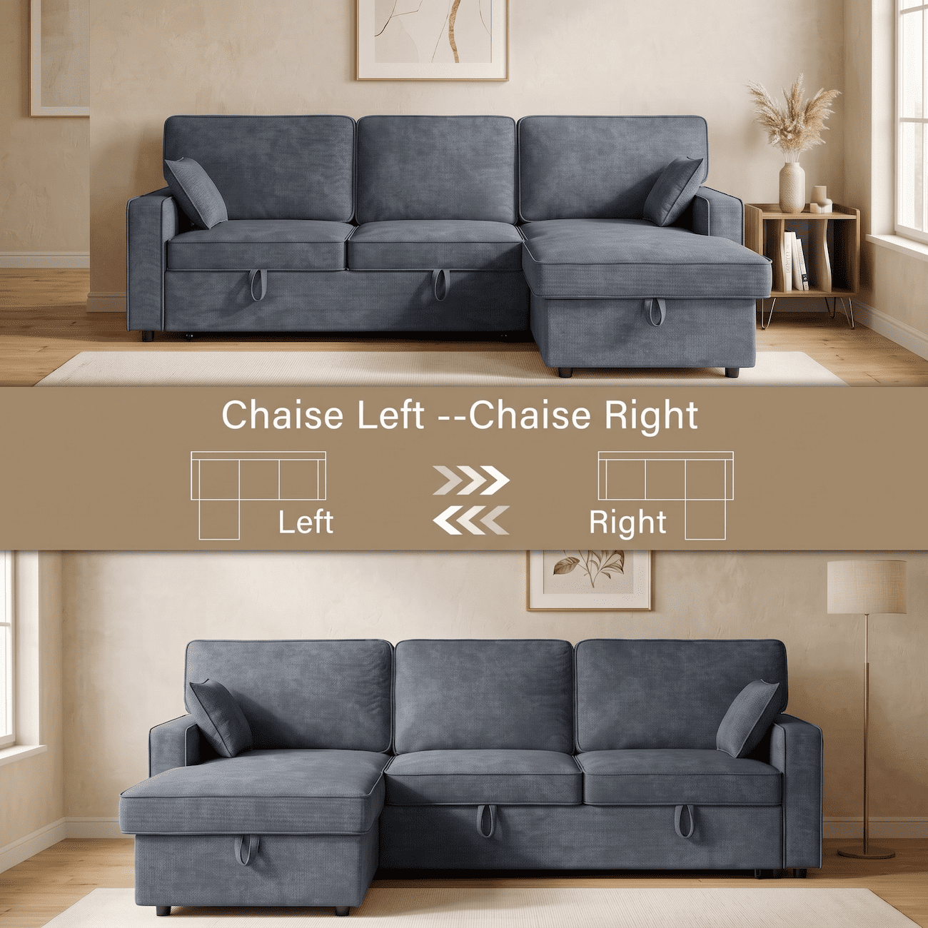Convertible Sleeper Sofa Bed, 89" L Shaped Sectional Couch with Pull Out Bed, Storage Chaise, Charging Ports & Flip Down Console, Comfy Chenille Upholstered Sofa for Living Room, Navy Blue