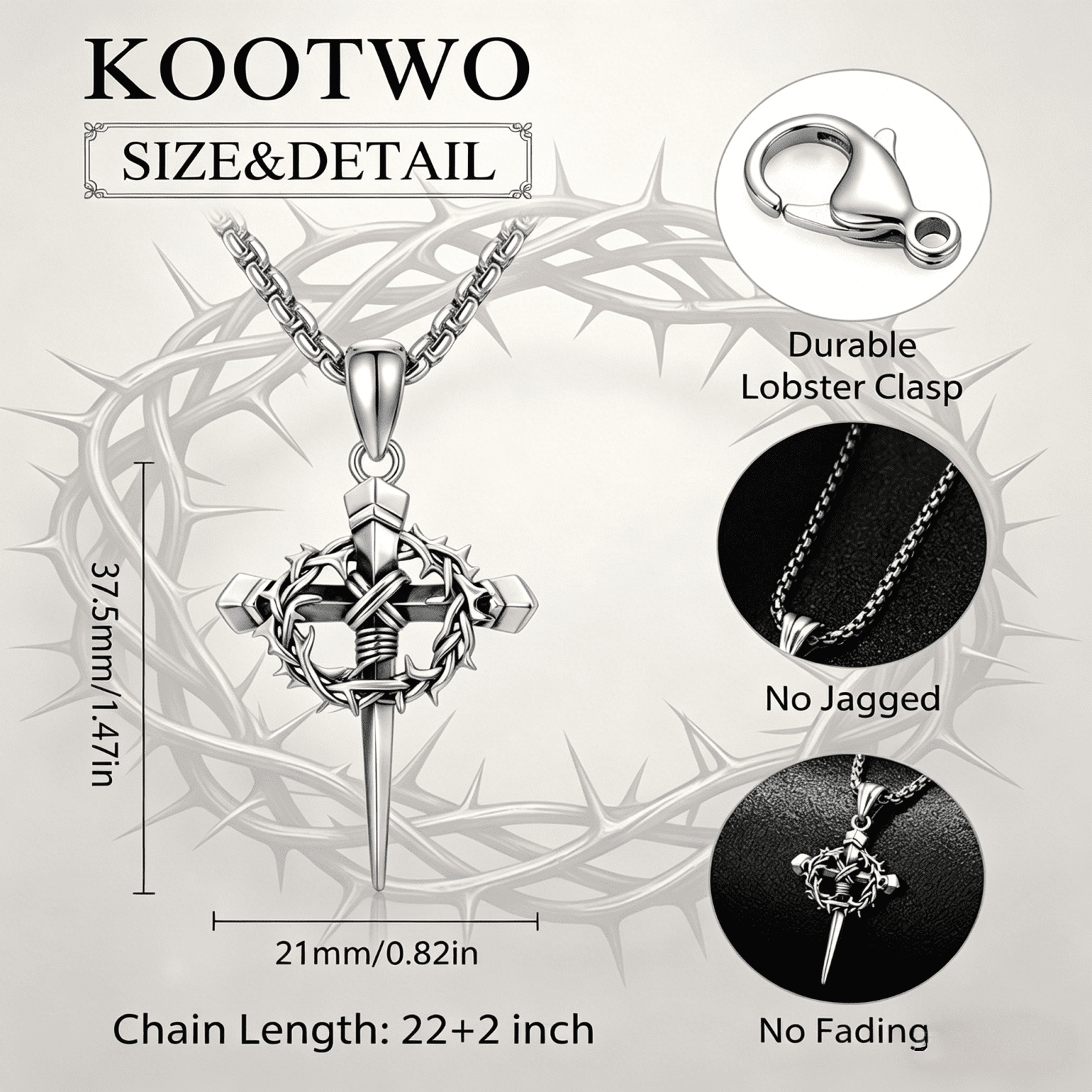 Crown of Thorns Cross Necklace for Men Women, Oxidized Silver Jesus Cross Necklace, Crucifix Nail Pendant, Vintage Christian Religious Gift