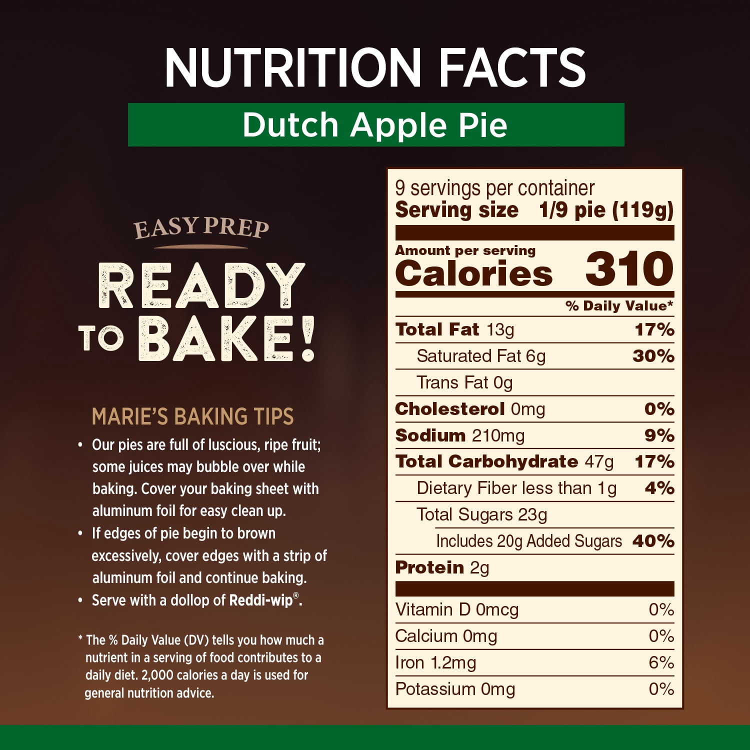 Marie Callender's Dutch Apple Pie, Ready to Bake Frozen Dessert, 38 oz.