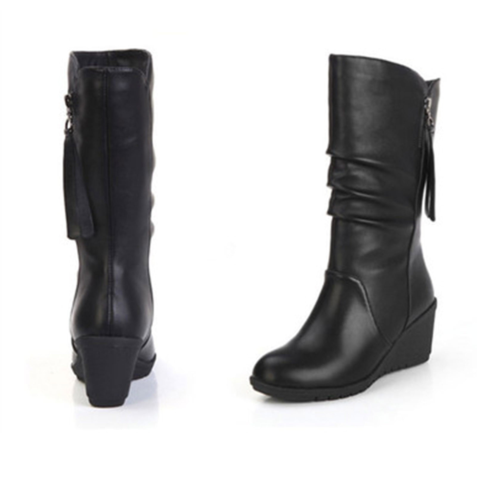 Tejiojio Clearance Women Ankle Boots High Heel Casual Female Fashion  Platform Wedge Heel Zip Mid-Calf Black Shoes