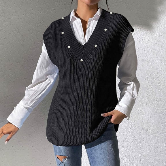 Sweater Vest for Women V Neck Sleeveless Knit Solid Casual Ribbed Preppy Pullover Tops Black Free Size