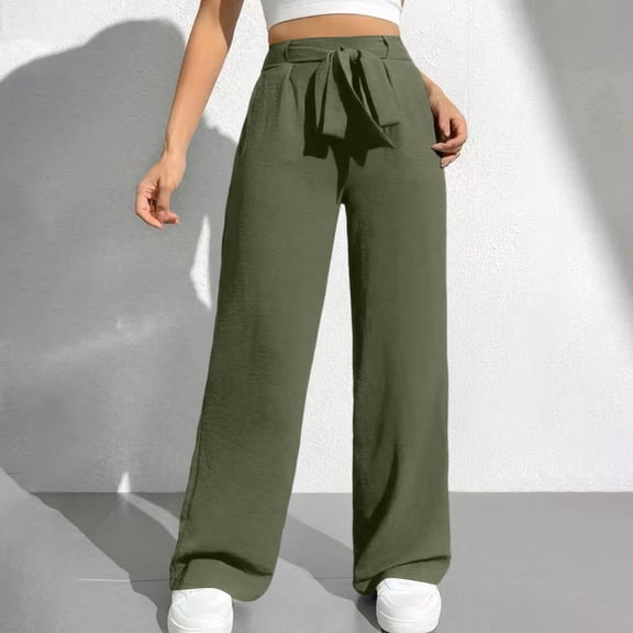 PEXLYCLU Palazzo Pants for Women, Palazzo Pants for Women Dressy, Wide Leg Pants for Women High Waisted Palazzo Pants Work Casual Flowy Tie Knot Trousers With Pockets, Army Green L