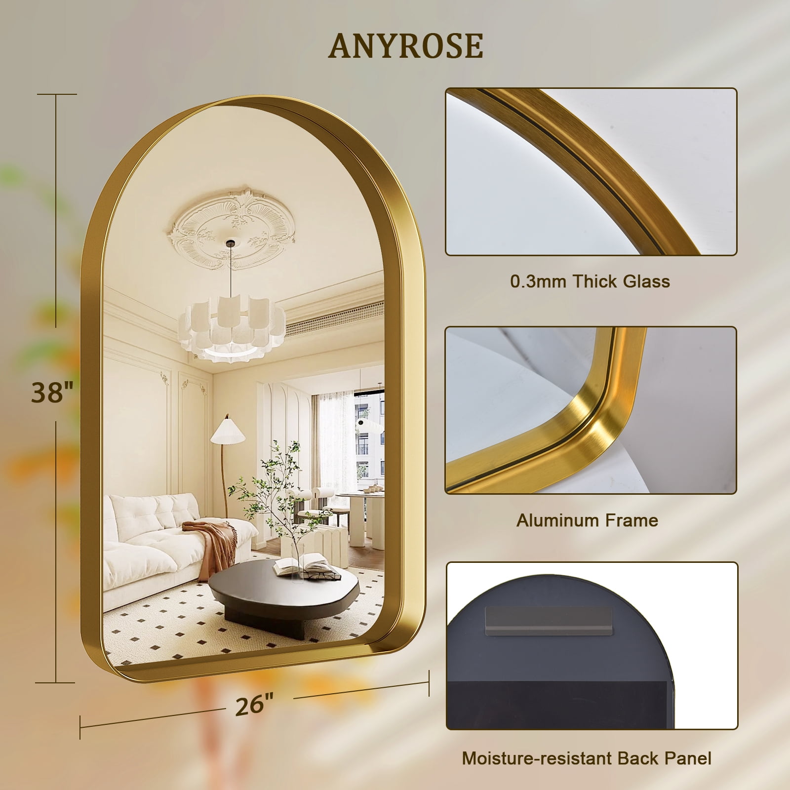 GRAHMCY 38"x26" Bathroom Vanity Rectangle Mirror With Deep Frame, Gold